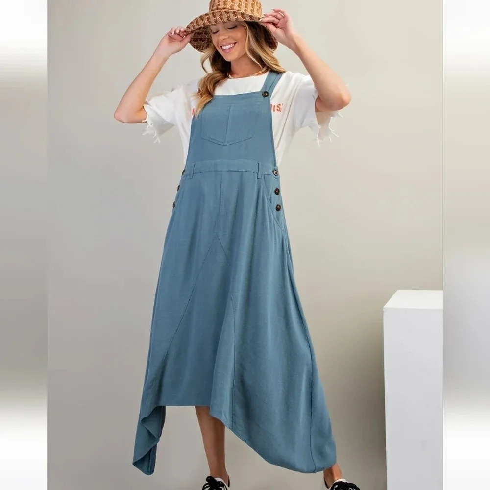 New Easel Poly Linen Jumpsuit Skirtall Dress Blue - Picture 4 of 5